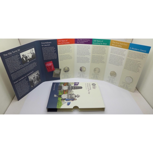 959 - The Royal Mint, Celebrating 50 Years of the 50p, Treasure for Life, 2019, five coins including The K... 