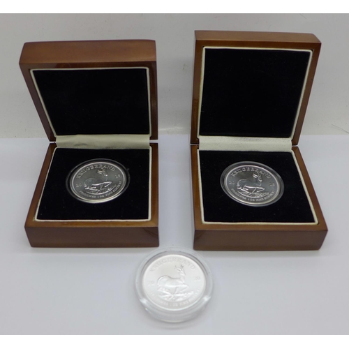 960 - Three 1oz fine silver Krugerrand coins, uncirculated, years 2018, 2019 and 2020