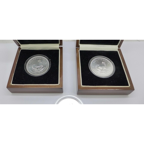 960 - Three 1oz fine silver Krugerrand coins, uncirculated, years 2018, 2019 and 2020