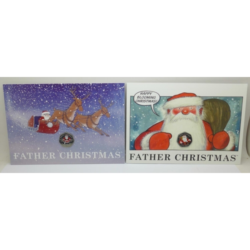 968 - Two Gibraltar Father Christmas 50p coloured coin Christmas cards, 2018 and 2019