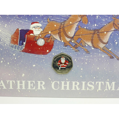 968 - Two Gibraltar Father Christmas 50p coloured coin Christmas cards, 2018 and 2019