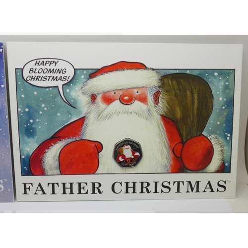 968 - Two Gibraltar Father Christmas 50p coloured coin Christmas cards, 2018 and 2019