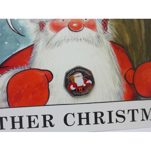 968 - Two Gibraltar Father Christmas 50p coloured coin Christmas cards, 2018 and 2019