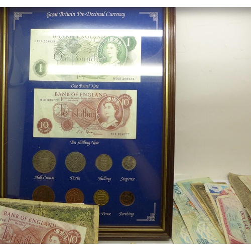 976 - A collection of bank notes including a Confederate States Twenty Dollars, 1861, and framed Great Bri... 