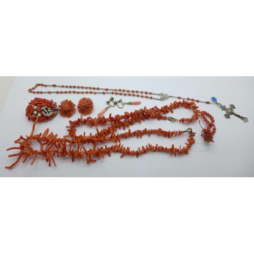 977 - A coral brooch, two pairs of earrings, two necklaces and rosary beads