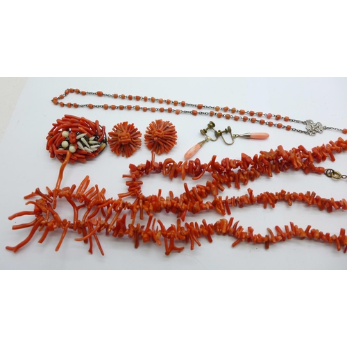 977 - A coral brooch, two pairs of earrings, two necklaces and rosary beads