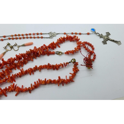 977 - A coral brooch, two pairs of earrings, two necklaces and rosary beads