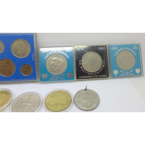 982 - A collection of commemorative coins including Isle of Man, The Royal Wedding 1981, etc.