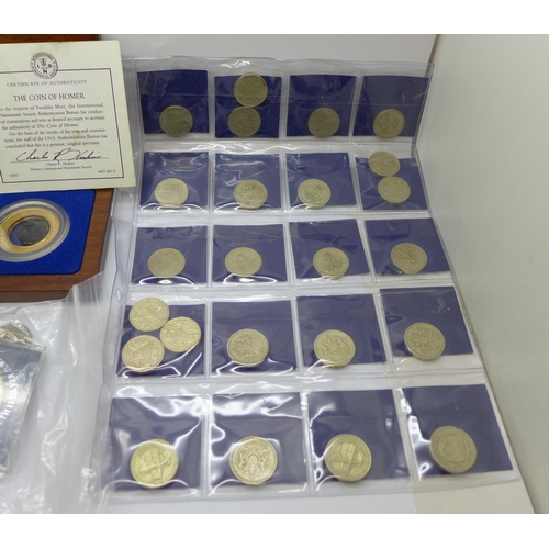 984 - A collection of coins, 24 £1 coins, The Coin of Homer, with certificate, four tubes of coins, Penny,... 