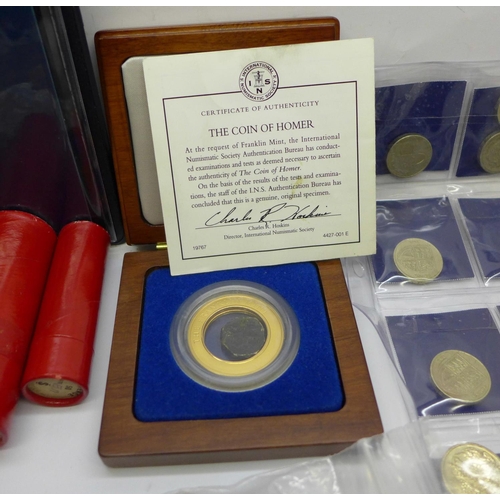 984 - A collection of coins, 24 £1 coins, The Coin of Homer, with certificate, four tubes of coins, Penny,... 