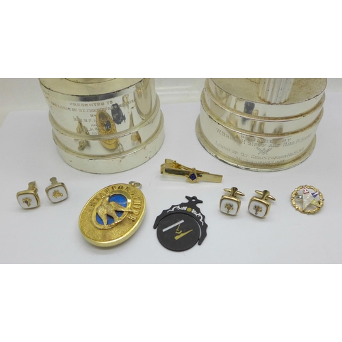 986 - A collection of Masonic items including two token boxes