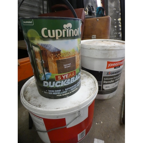 2416 - Pot of Cuprinol Harvest Brown - part used - approx. 3ltr, white Johnstones silicone render primer - ... 