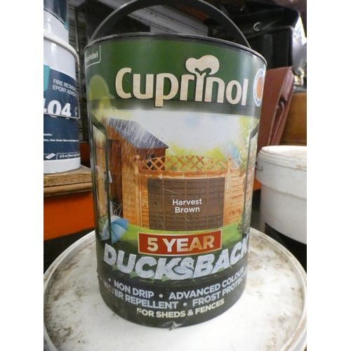 2416 - Pot of Cuprinol Harvest Brown - part used - approx. 3ltr, white Johnstones silicone render primer - ... 