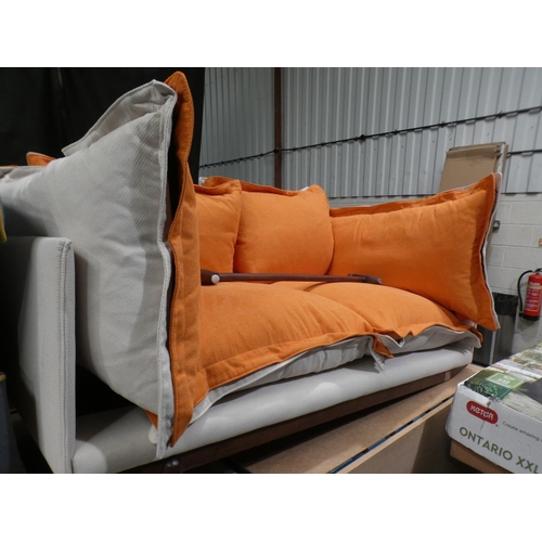 3123 - White fabric and darkwood two seater sofa with white and orange reversible fabric cushions * This lo... 