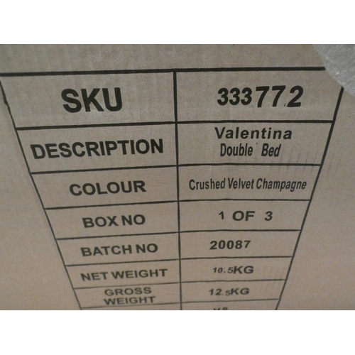 3165 - Valentina champagne crushed velvet double buttoned bedframe* This lot is subject to VAT