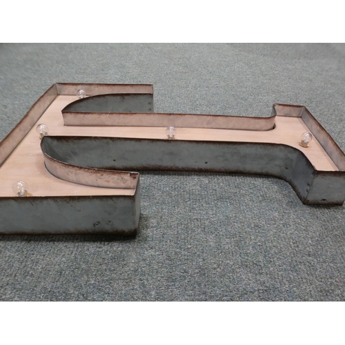 3233 - A metal and wooden LED letter 'T' (41H x 31W, 50cm) * this lot is subject to VAT