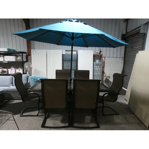 3242 - A tiled outdoor garden table and six chairs with a teal fabric parasol