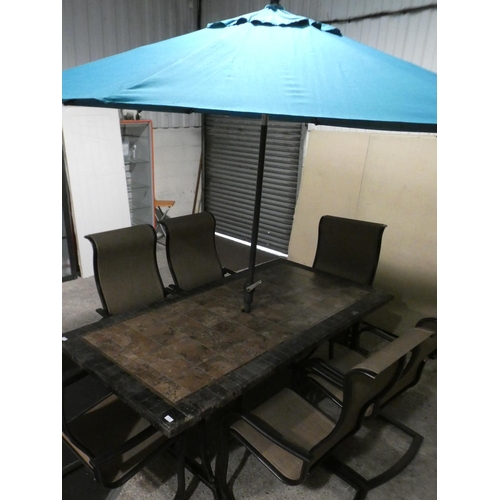 3242 - A tiled outdoor garden table and six chairs with a teal fabric parasol