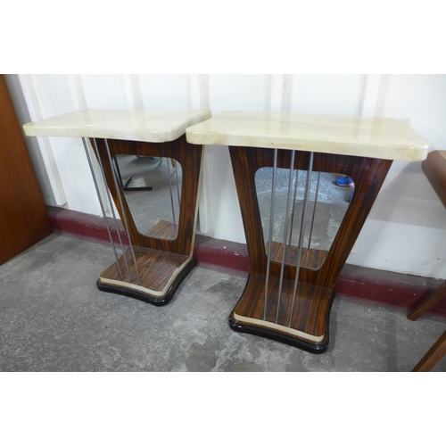 157 - A pair of Art Deco style simulated rosewood and faux marble topped console tables