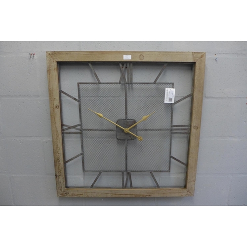 1307 - A natural wood square wall clock with contrasting mesh detail, H 80cms (75-18350)   #