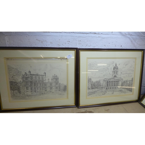 2096 - Set of 4 framed limited edition prints of Nottingham landmarks; Nottingham Castle, Wollaton Hall, Ye... 