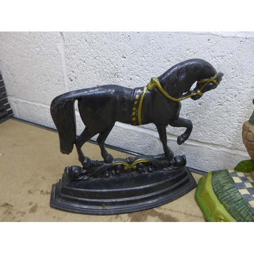 2099 - Lavender metal door stop, metal horse door stop and cow bell