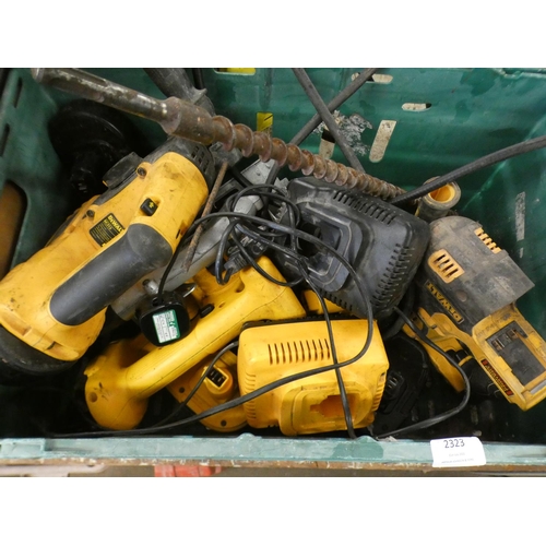 2323 - Tray of DeWalt power tools - 2 drills & circular saw, qty. of batteries