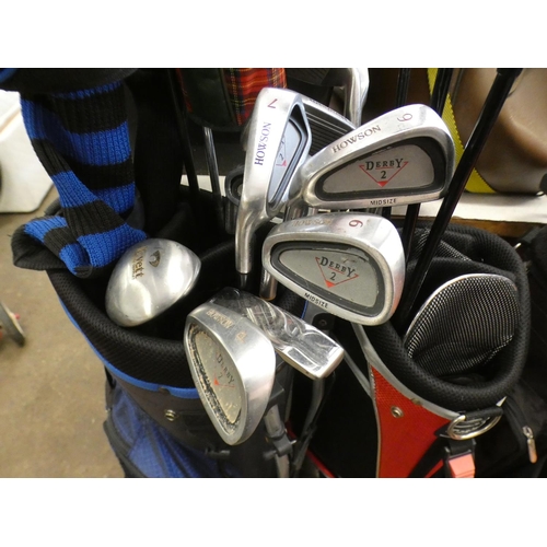 2332 - 3 Golf bags containing various irons, woods & putters inc. Howson, Ping, Ryder, Knife, Covett, etc.