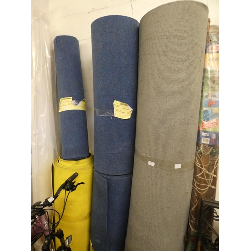 2384 - Large roll of grey carpet, roll of mustard carpet and 3 rolls of blue carpet