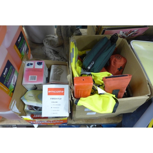 2447 - Box of misc. items inc. First Aid, hi-vis, triangle, bike lock, foot pump, etc., & small box of ligh... 