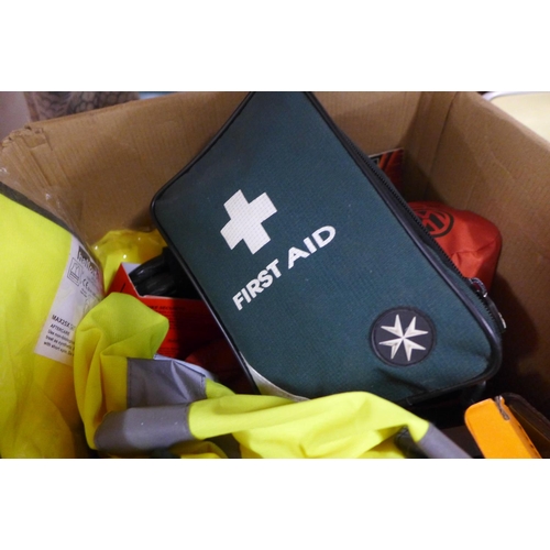 2447 - Box of misc. items inc. First Aid, hi-vis, triangle, bike lock, foot pump, etc., & small box of ligh... 