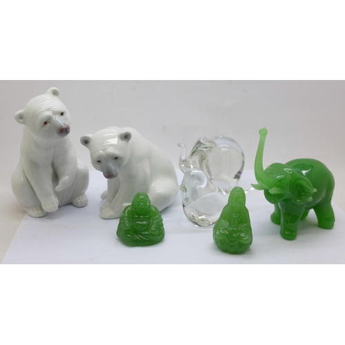 631 - Two Lladro seated polar bear figures, a Wedgwood glass bird, a glass elephant, a jade elephant, Budd... 