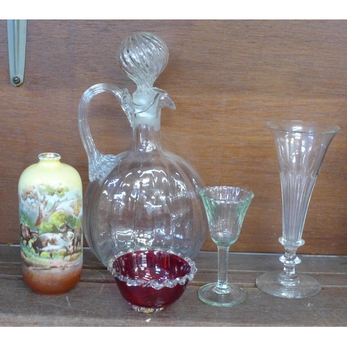 696 - Five items of glass including an early ale glass, c.1700, chip on the rim of the base