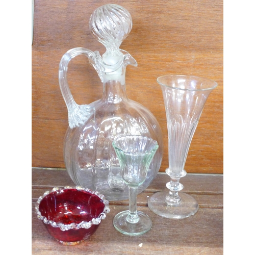 696 - Five items of glass including an early ale glass, c.1700, chip on the rim of the base