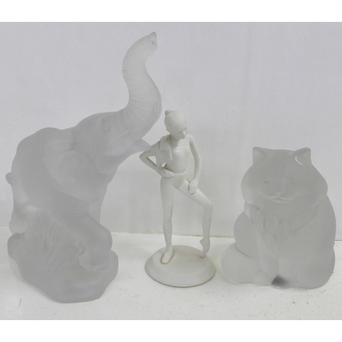 706 - Two glass animals, elephant and cat and a porcelain figure of a ballerina, The Royal Ballet 'Testing... 