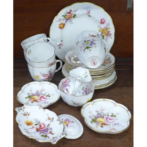 707 - Royal Crown Derby Derby Posies teawares, six cups and saucers, side plate, three tea plates, cream a... 