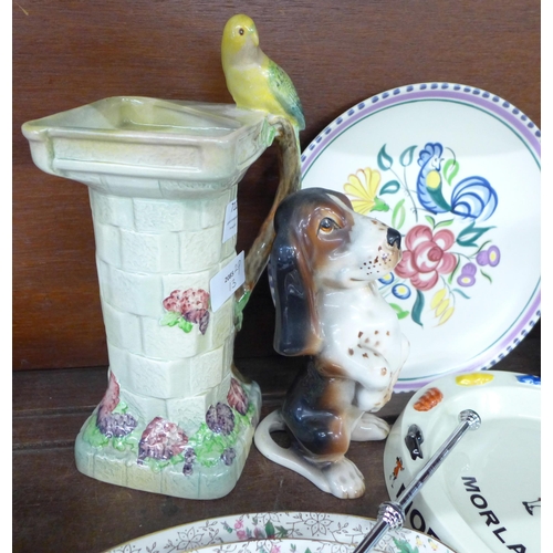 712 - A Wade budgie handled jug, Poole pottery plate, Moorlands pottery ashtray, a Mackintosh by Leonardo ... 