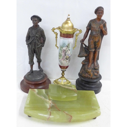 722 - Two pewter figures, a Vienna lidded vase and an onyx inkstand