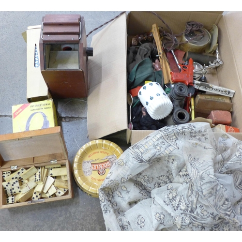 739 - A collection of items including metal card cases, a lighter, binoculars a/f, Pelham puppet, dominoes... 