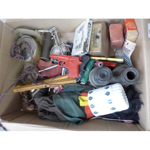 739 - A collection of items including metal card cases, a lighter, binoculars a/f, Pelham puppet, dominoes... 