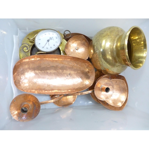 741 - A collection of brass and copper, etc., including a globular scent bottle, a Swiza 8 day clock and t... 