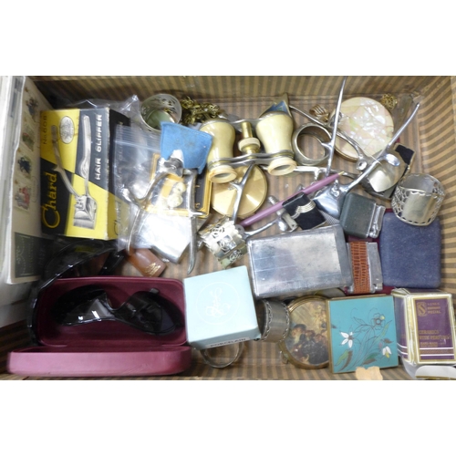 743 - Assorted items including compacts, a hip flask, lighters, a pair of opera glasses, etc.