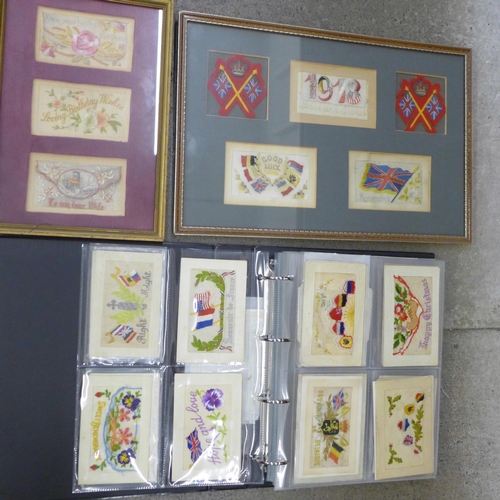 757 - An album of silk and needlework postcards and two framed sets