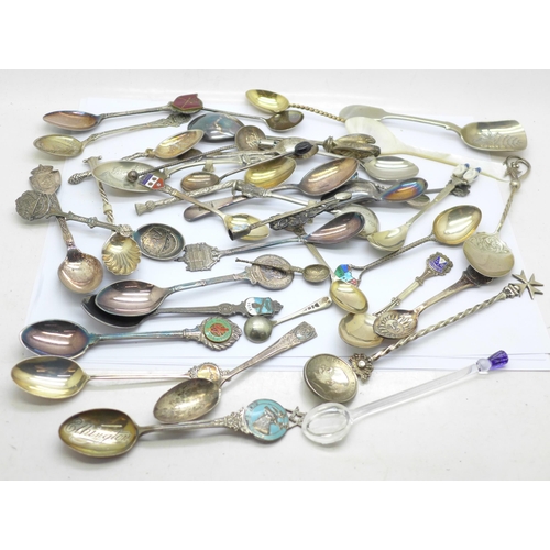 790 - A cabinet of collectors spoons and other silver and plated collectors spoons, weight of hallmarked s... 