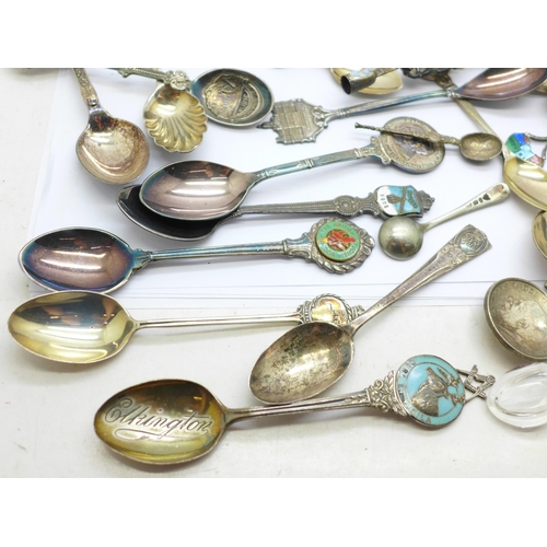 790 - A cabinet of collectors spoons and other silver and plated collectors spoons, weight of hallmarked s... 