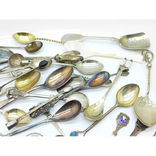 790 - A cabinet of collectors spoons and other silver and plated collectors spoons, weight of hallmarked s... 