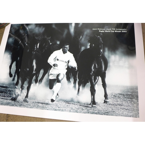 832 - An England Rugby ball, signed by Martin Johnson and two promotional black and white photographs of J... 