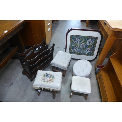 174 - A tapestry screen, mahogany magazine rack and four assorted stools