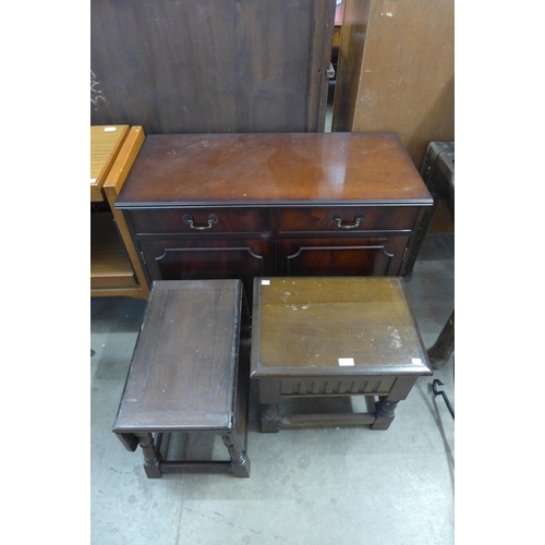 287 - An small mahogany cabinet, oak gateleg occasional table and a sewing box