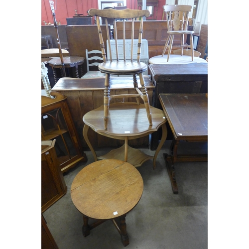 292 - An elm and beech kitchen chair, a walnut two tier table and one other